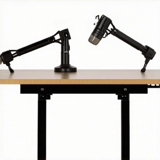 Comparison between a standard microphone clamp and a reinforced steel plate on a desk.