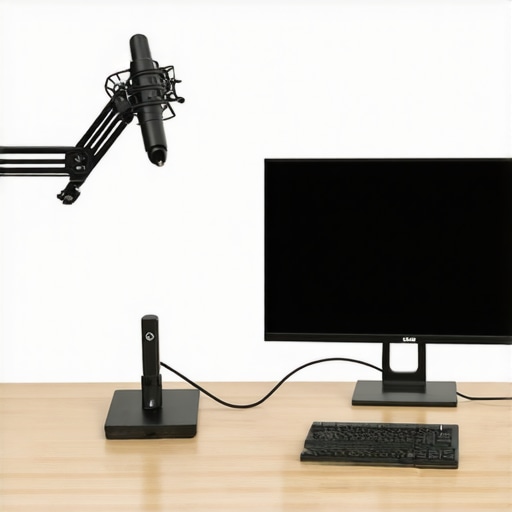 Comparison of a desktop weighted mic base and a low-profile boom arm on a professional studio desk.