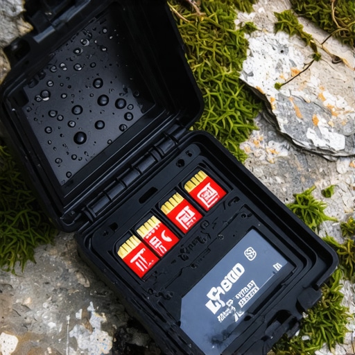 Close-up of a weather-sealed SD card case on wet rocks during an outdoor shoot