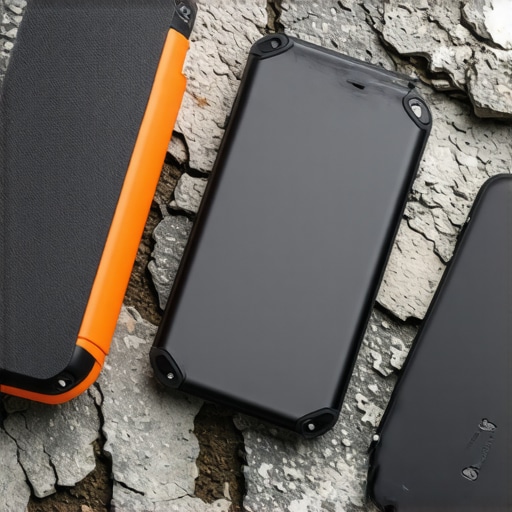 Rugged SSD Build Quality Comparison Close-up of three rugged portable SSDs on concrete showing protective outer layers.