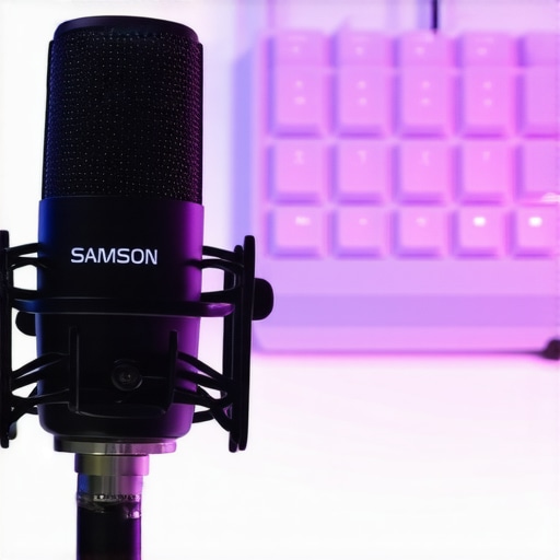 Samson Q2U Real-World Desk Setup The Samson Q2U microphone positioned near a mechanical keyboard to demonstrate noise isolation capabilities.