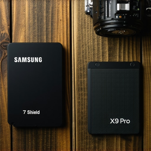 Samsung T7 Shield vs Crucial X9 Pro Comparison A comparison of two portable rugged SSDs showing size and build quality differences next to professional camera gear.