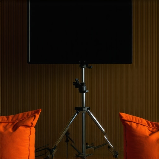 Secure C-stand Monitor Setup with Sandbags Pro-grade C-stand holding a 32-inch monitor with safety sandbags at the base
