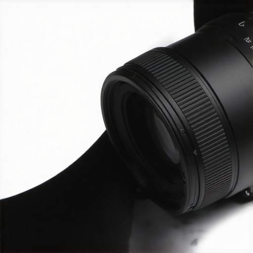 Close-up of a black silicon friction band used to prevent lens creep on a high-end camera lens.