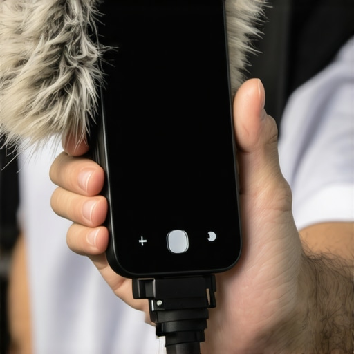 Smartphone Creator Rig Stress Test Close-up of a mobile filmmaking rig with microphone and light being used in a crowded outdoor setting.