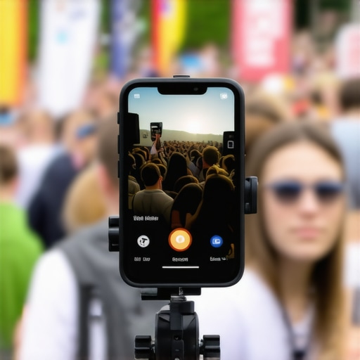 A professional smartphone video rig with accessories being used at a crowded event for stability.