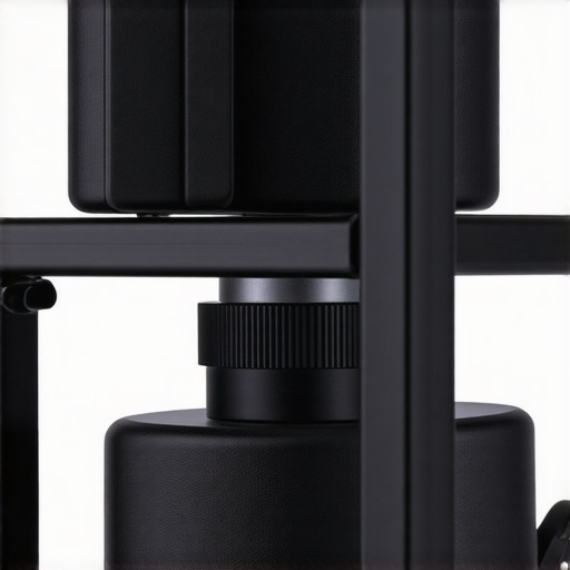 Close-up of stacked black steel counterweights on a professional camera cage handle