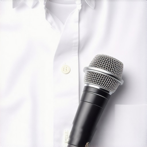 Close-up of a lavalier microphone taped inside clothing for stealth audio.
