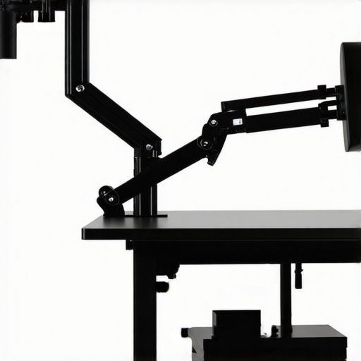 Steel Bracket vs Gas Spring Arm Comparison A visual comparison showing the compact size of the steel bracket versus a large articulating monitor arm.