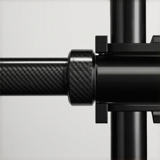 A macro view of a professional carbon fiber camera rail under high torque pressure from a metal clamp.