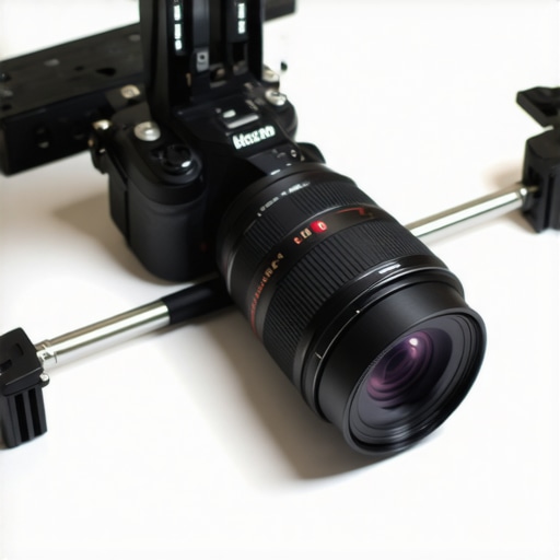 Close-up of a camera mount with metal reinforcement plates on an IKEA desk