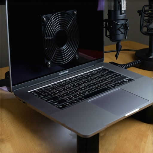 A professional laptop cooling setup on a wooden studio desk
