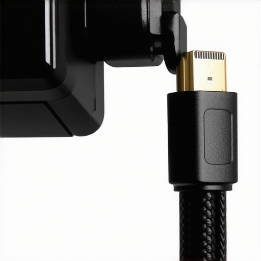 A durable metal HDMI cable clamp securing a video cable to a camera rig under tension.