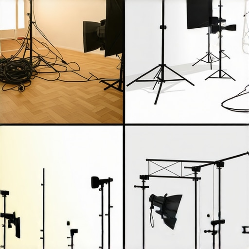 Studio Floor Comparison: Stands vs. Ceiling Mount A comparison of floor-based studio stands versus an overhead plywood lighting rig.