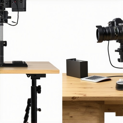 Studio Gear Comparison: Desk Rig vs Traditional Tripod A comparison between a cluttered studio with tripods and an organized desk using a professional creator rig.