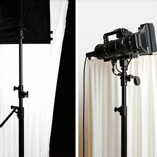 A comparison showing light spill and setup differences between a professional softbox and a DIY shower curtain diffuser.