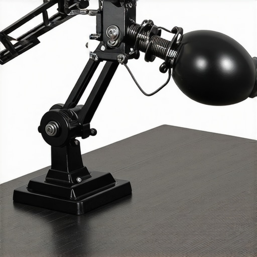A close-up of a professional-grade metal desk lamp arm showing its high build quality and tension springs.