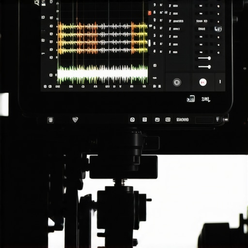 A close-up view of a tablet screen acting as a camera monitor, displaying technical video overlays and a sharp image preview.