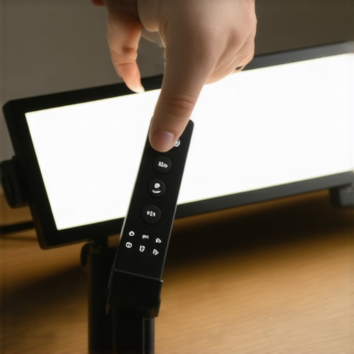 A close-up view of a magnetic remote being used on a desk for lighting adjustments.