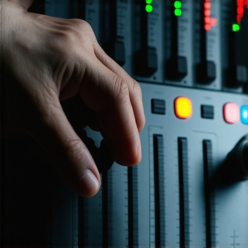 Tactile Gain Controls on a Podcast Mixer Close-up of a person adjusting physical gain knobs on a podcasting mixer for better audio levels