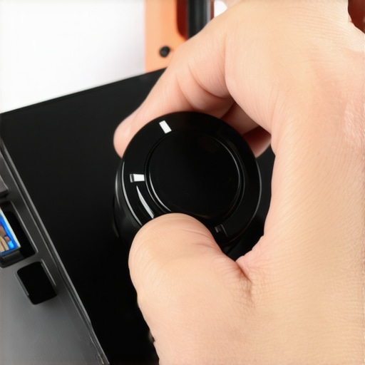 Tactile USB Dial for Studio Lighting Control A hand adjusting a rotary encoder on a budget USB light controller.