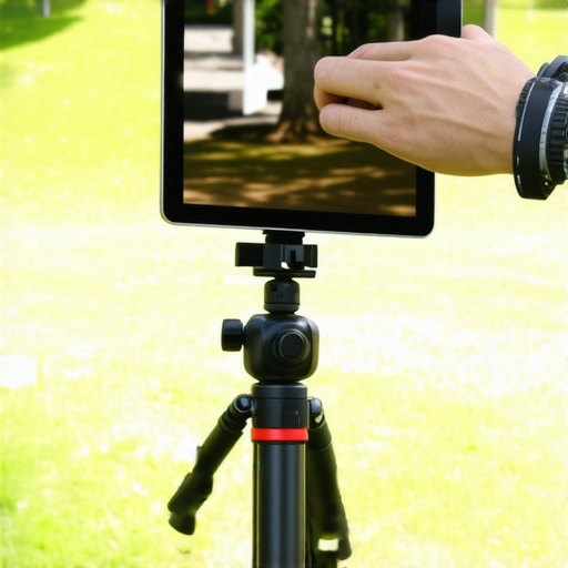 A camera rig with an iPad monitor being used outdoors in bright sunlight showing glare challenges.