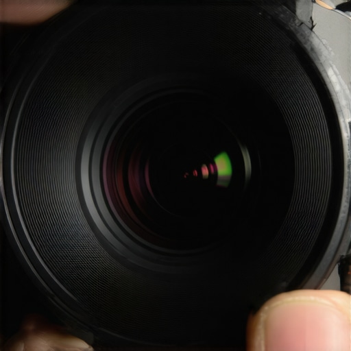 Close up of a camera lens focus ring in a home office setup