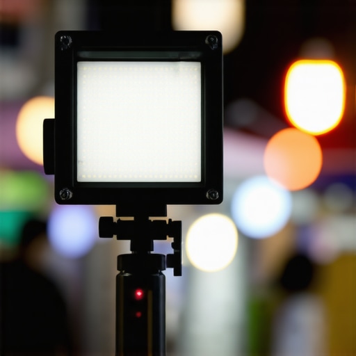 Compact LED light panel being used for mobile vlogging in a low-light outdoor setting.
