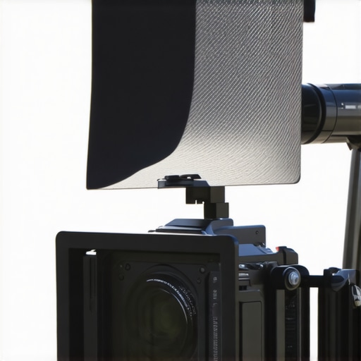 A carbon fiber matte box mounted on a mirrorless camera rig in a sunny outdoor environment.