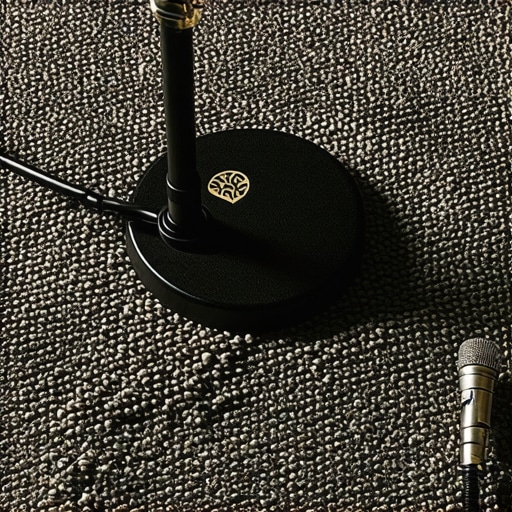 A heavy cast iron microphone base placed on a thick rug to reduce floor vibrations in a recording studio.
