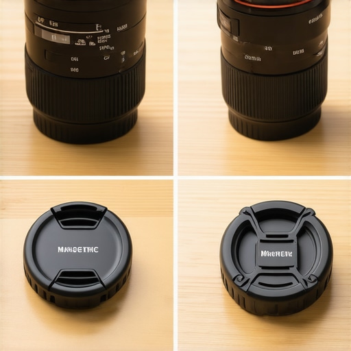 Tethered vs Magnetic Lens Cap Comparison Comparison of a $15 lens cap leash and a premium magnetic lens cap system on a desk.