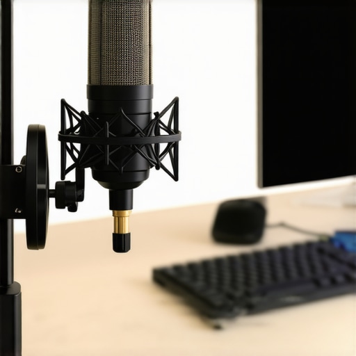 A heavy-duty steel microphone desktop stand holding a professional dynamic mic.