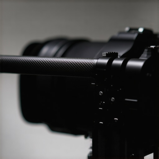 A close-up view of a high-tech graphene rod attached to a professional camera rig highlighting its rigidity.