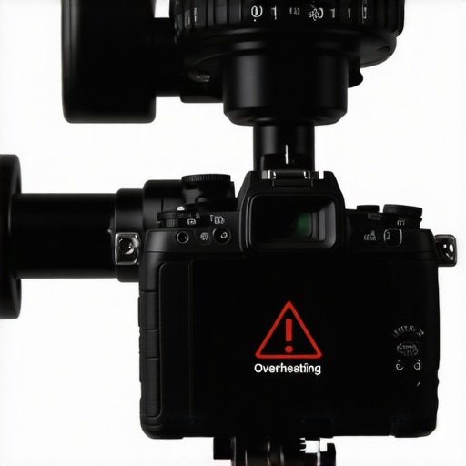 A camera rig showing an overheating warning on the screen during a long shoot.