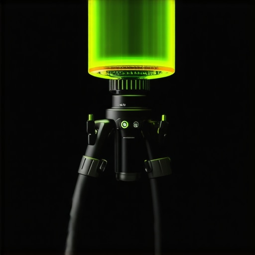 A close-up of a neon green three-axis bubble level sitting in a camera hot shoe.