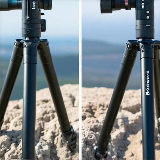 Travel Tripod vs Cinema Grade Legs Comparison of a compact travel tripod and a professional cinema tripod on rugged terrain.