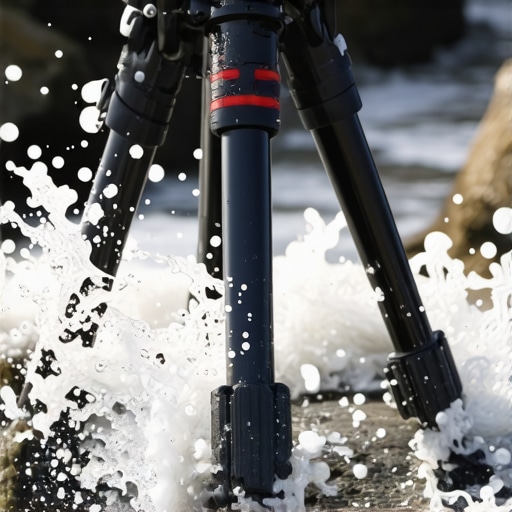 Close up of travel tripod leg locks covered in water and sand during outdoor testing