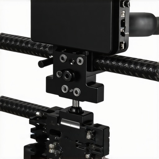 V-Mount Battery Plate Stress Test on 15mm Rails Close-up of a budget V-mount battery plate securely locked onto 15mm rails of a cinema camera rig.