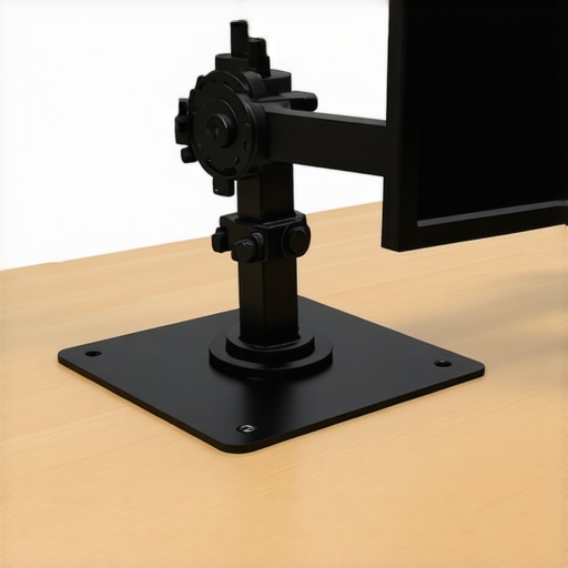 A close-up of a monitor arm reinforcement plate showing potential interference with desk cable routing holes.