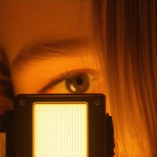 Close up of a human eye showing the catchlight created by a small LED light panel.