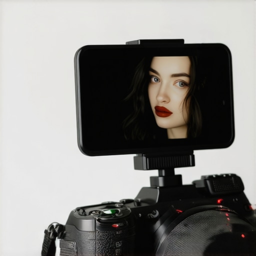 Vlogging Mirror Hot Shoe Attachment A close-up of a budget vlogging mirror showing a reflection of a creator on a mirrorless camera.