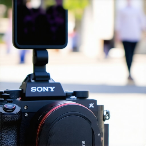 Vlogging Mirror Real World Setup A vlogging mirror attached to a mirrorless camera hot shoe during an outdoor shoot.
