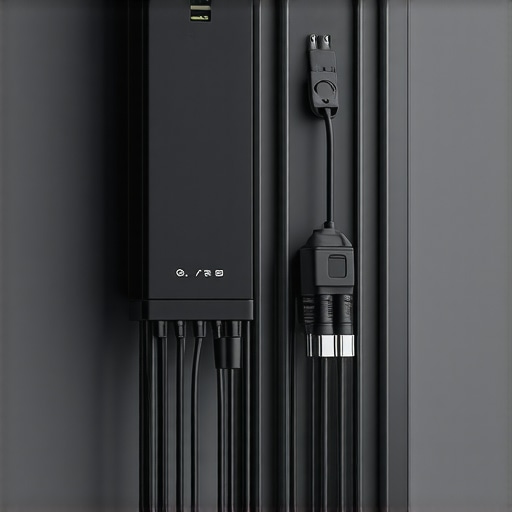 Wall-mounted cable organizer close-up A sturdy black cable management mount holding power adapters and audio cables on a studio wall.