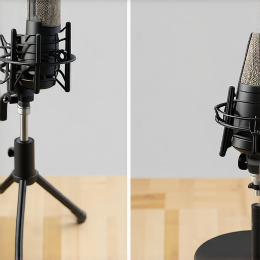 Comparison between a stable weighted microphone base and a tipping plastic tripod stand