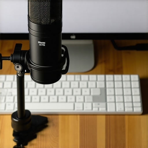 A heavy iron microphone base holding a boom arm and Shure SM7B on a studio desk.