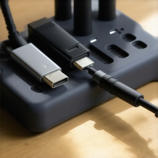 Close-up of a weighted cable organizer holding multiple tech cables on a desk.