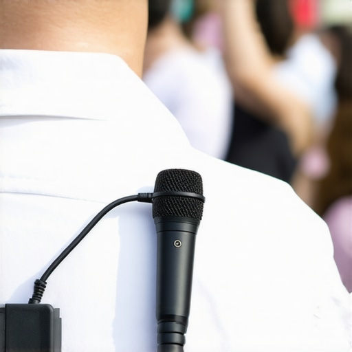 A wireless microphone transmitter being used in a crowded urban environment to test signal reliability.