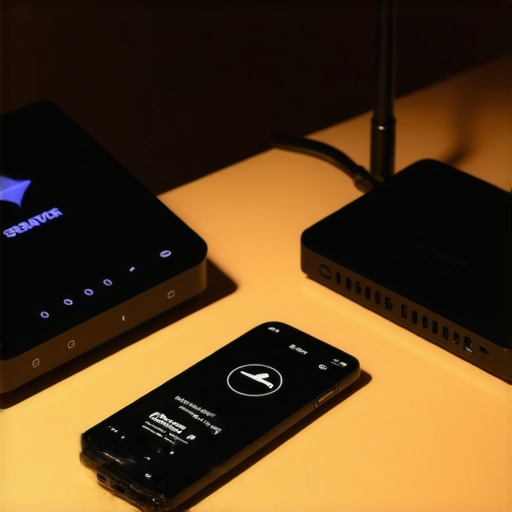 Close up of a wireless microphone receiver experiencing signal interference near a router.