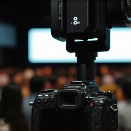 Close-up of a wireless mic receiver on a camera rig during a high-interference event.
