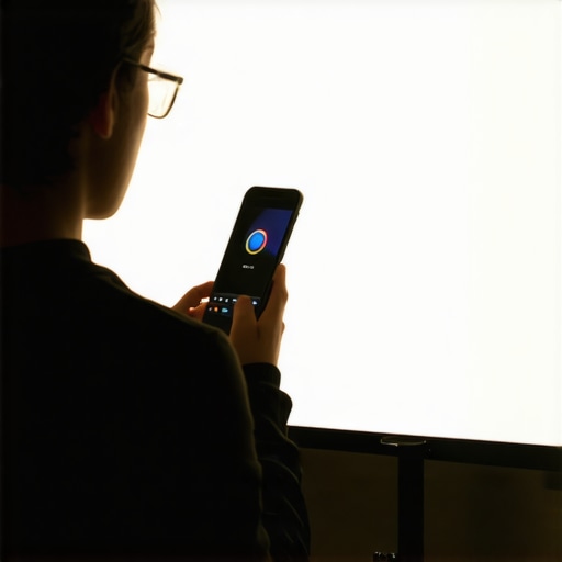A creator uses a smartphone app to adjust the settings of a professional LED video light in a dark studio.
